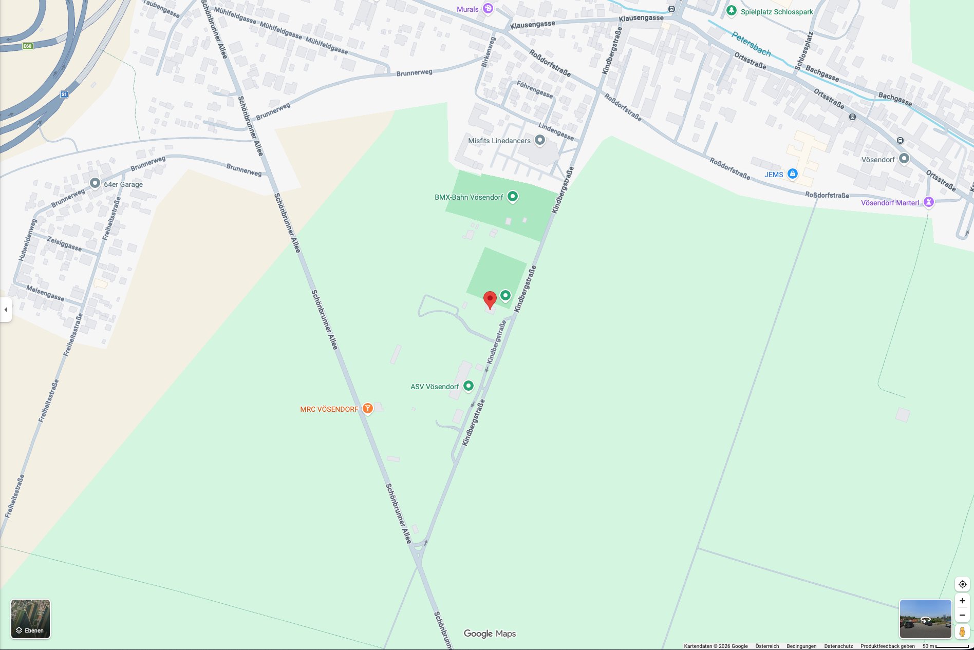 Kartenausschnitt von Vösendorf: Padel Vösendorf liegt an der Kindbergstraße 14, südlich der BMX-Bahn und nördlich des ASV Vösendorf.